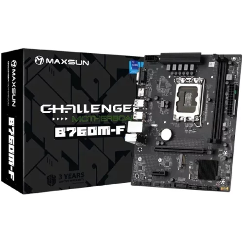 MAXSUN MS-Challenger B760M-F, LGA1700, B760, 2*DDR4, 3*SATA3, M.2, 2*USB 3.2, 4*USB 2.0, 1*PCIEx16, 1*PCIEx1, VGA+HDMI, mATX