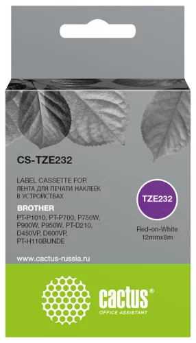 Картридж ленточный Cactus CS-TZE232 TZe-232 красный на белом 12x8 для Brother PT-P1010, PT-P700, P750W, P900W, P950W, PT-D210, D450VP, D600VP, PT-H110BUNDE