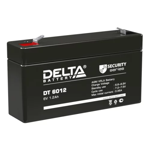 Батарея DELTA серия DT, DT 6012, напряжение 6В, емкость 1.2Ач (разряд 20 часов), макс. ток разряда (5 сек.) 16.2А, макс. ток заряда 0.36А, свинцово-кислотная типа AGM, клеммы F1, ДxШxВ 97х24х51мм., вес 0.29кг., срок службы 5 лет./ Battery DELTA series DT