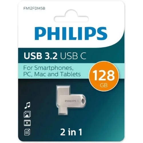 PHILIPS USB Drive 128GB 2-in-1 USB 3.2 USB C, OTG, USB 3.2/ Type-C, Металл, 100 MB/ s (FM12FD145B/97)