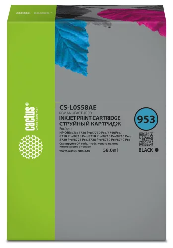 Картридж струйный Cactus CS-L0S58AE 953 черный пигментный (30мл) для HP OJ 7720 Pro/7730/7740/8210 с чипом