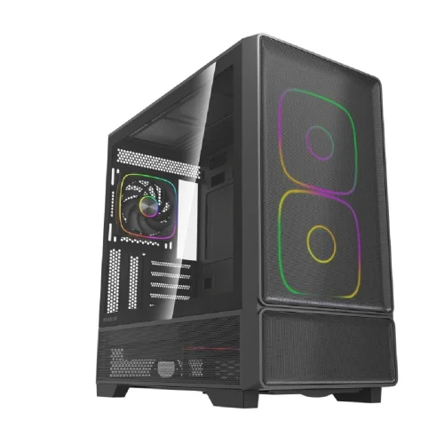 Powercase Корпус AX5, Black, TG, Type-C, 2x 140mm +3x 120mm ARGB PWM Fans, ARGB+PWM HUB, Nylon filters, чёрный, ATX (CJXA-A5)