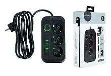 Amper сетевой удлинитель, 2,0м, 3 розетки, 3*0,75мм, 10А, 2500 Вт, 4usb, 1Type-C, черный. (JH-1074U-2B)