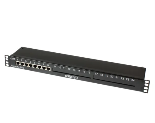 Устройство грозозащиты OSNOVO SP-IP8/1000PR 1U устройство грозозащиты для локальной вычислительной сети на 8 портов (скорость до 1000 Мб/с) с защитой линий PoE (af/at, методы A + B, контакты 1/2, 3/6, 4/5, 7/8). Двухступенч