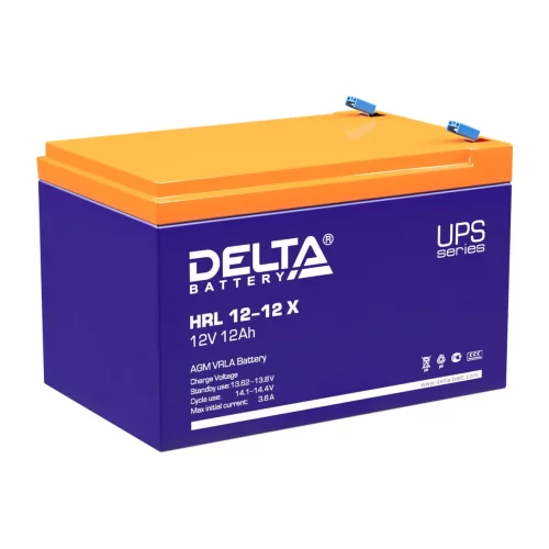 Батарея DELTA серия HRL-X, HRL 12-12 X, напряжение 12В, емкость 12Ач (разряд 10 часов), макс. ток разряда (5 сек.) 160А, макс. ток заряда 3.6А, свинцово-кислотная типа AGM, клеммы F2, ДxШxВ 151х98х95мм., вес 3.85кг., срок службы 12 лет./ Battery DELTA se