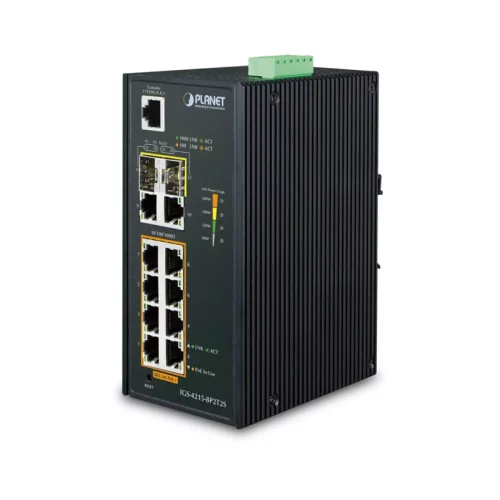 коммутатор/ PLANET IP30 Industrial L2/L4 8-Port 10/100/1000T 802.3at PoE + 2-Port 10/100/100T + 2-Port 100/1000X SFP Managed Switch (-40~75 degrees C), dual redundant power input on 48~56VDC terminal block, SNMPv3, 802.1Q VL (IGS-4215-8P2T2S)