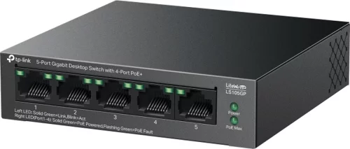 TP-Link LS105GP, Настольный коммутатор с 5 гигабитными портами (4 порта PoE+), 802.3af/at, бюджет PoE — 65 Вт, до 250 метров