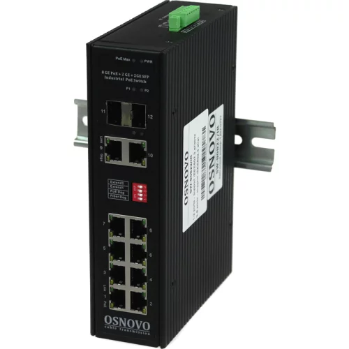 Промышленный PoE коммутатор Gigabit Ethernet OSNOVO SW-80822/IR Промышленный PoE коммутатор Gigabit Ethernet на 10 портов. Порты: 2 x GE (10/100/1000Base-T) с PoE BT (до 90W) + 6 x GE (10/100/1000Base-T) с PoE (до 30W) + 2 x GE RJ45 (10/100/1000