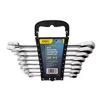 Набор комбинированных ключей с трещоткой 8 шт Deli DL140108T размеры 8,10,12,13,14,15,17,19мм, сталь 40Cr, трещотка 50BV30 72 зуба, пластиковый кейс