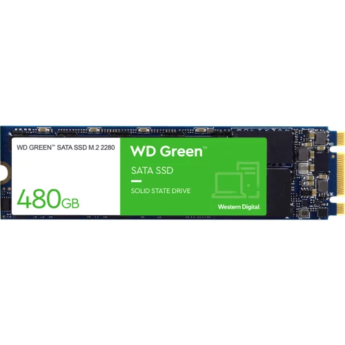 Твердотельные накопители/ WD SSD Green, 480GB, M.2(22x80mm), SATA3, 3D TLC, R/W 545/н.д., IOPs н.д./н.д., TBW н.д., DWPD н.д. (12 мес.) (WDS480G3G0B)