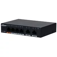 Коммутатор DAHUA DH-PFS3006-4GT-60 6-портовый гигабитный неуправляемый коммутатор с РоЕ, 4xRJ45 1Gb PoE, 2xRJ45 1Gb uplink, суммарно 60Вт, коммутация 14Гбит/с, MAC-таблица 2К, металл (DH-PFS3006-4GT-60)