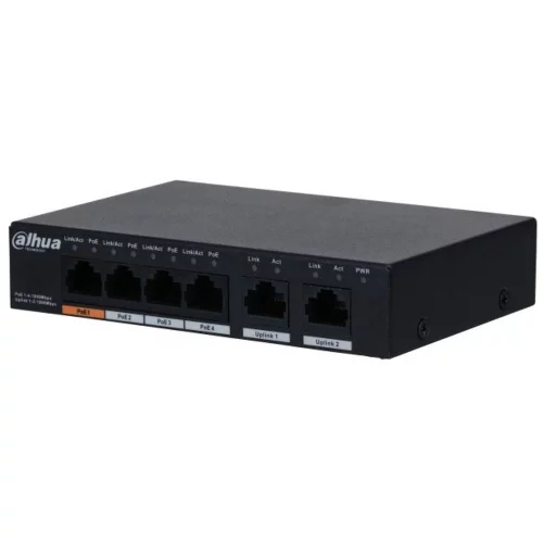 Коммутатор DAHUA DH-PFS3006-4GT-60 6-портовый гигабитный неуправляемый коммутатор с РоЕ, 4xRJ45 1Gb PoE, 2xRJ45 1Gb uplink, суммарно 60Вт, коммутация 14Гбит/с, MAC-таблица 2К, металл (DH-PFS3006-4GT-60)