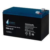 Battery Parus Electro, standard series HM-12-9, voltage 12V, capacity 9Ah (discharge 20 hours), max. discharge current (5sec) 135A, max. charge current 3.6A, lead-acid type AGM, terminals F2, LxWxH 151x65x94mm., total height with terminals 100mm., weight