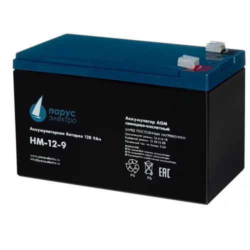 Battery Parus Electro, standard series HM-12-9, voltage 12V, capacity 9Ah (discharge 20 hours), max. discharge current (5sec) 135A, max. charge current 3.6A, lead-acid type AGM, terminals F2, LxWxH 151x65x94mm., total height with terminals 100mm., weight