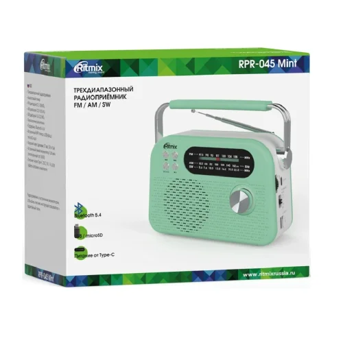 RITMIX RPR-045 MINT {Радиоприёмник портативный 3хдиапазонный FM/AM/SW,Bluetooth v.5.3, воспроизв. с USB и с карт пам. micro SD (до 32Gb)} фото 3