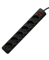 Сетевой фильтр PROGIX PG646, 6 розеток, черный, кабель 3 метра, заземление, выключатель, мощность нагрузки 3500Вт, размер 320 х 50 х 40мм, сечение кабеля 3 х 1.5кв.мм.