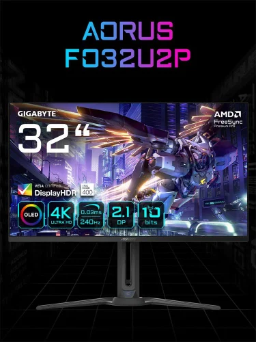Монитор 31.5 Монитор 31.5 Gigabyte AORUS FO32U2P-EK Black (QD-OLED, 3840 х 2160, 240Hz, 250 cd/ m, 1000:1, 2xHDMI 2.1, DP 2.1, DP 1.4 3xUSB 3.2, USB Type-C) (AORUS FO32U2P EK) фото 10
