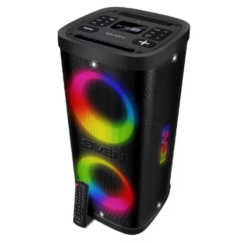 SVEN PS-950 2.0 Мобильные колонки чёрные (2x80 W, IPx4, mini Jack, 2 х 6.35 мм Jack, USB, NFC, Bluetooth, FM, micro SD, ПДУ, 2 x 4400 мA, LED подсветка) (SV-022396)