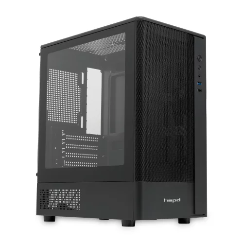 Корпус без блока питания/ Case HSPD M332, Mesh Mini-tower, Black, TG, 0.4 SPCC, no fans, mATX, mITX, 160/ 285/ 170mm, 1x2.5, 1x3.5, 4xPCI, 1xUSB-A 3.0, 1xUSB-A 1.0, 387x197x325mm (M332-TGBK)