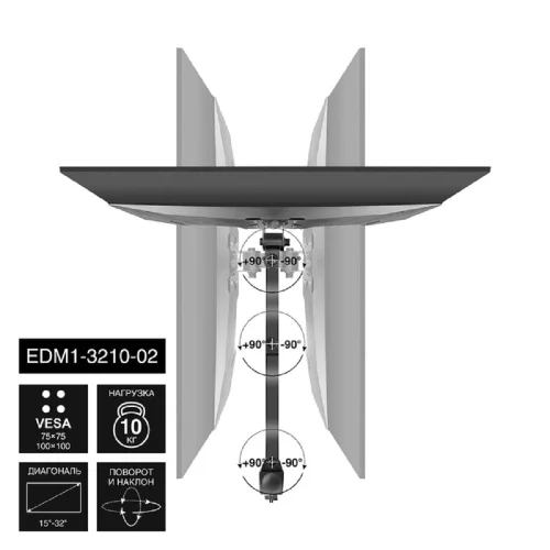 Exegate EX297360RUS Настольное крепление ExeGate EDM1-3210-02 (кронштейн для одного монитора 15-32, VESA 75х75, 100х100 мм, макс. нагрузка 10 кг; наклон -90°/ +90°, поворот -90°/ +90°, вращение: 360°, фото 3