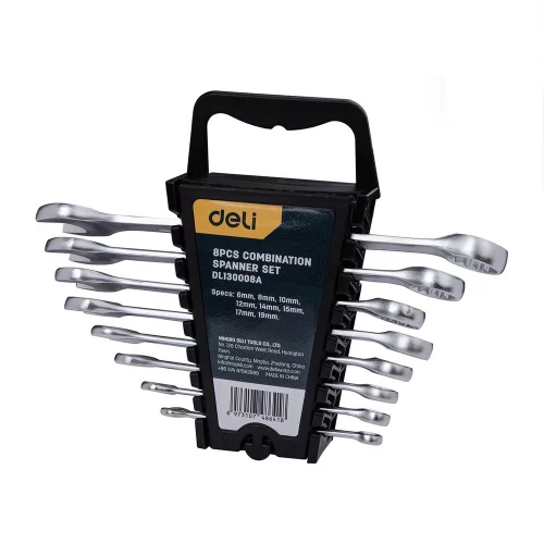 Набор комбинированных гаечных ключей 8 шт Deli DL130008A размеры 6,8,10,12,14,15,17,19мм, матовая хромированная поверхность, пластиковый кейс