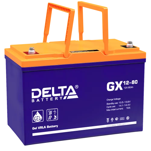 Батарея DELTA серия GX, GX 12-90, напряжение 12В, емкость 90Ач (разряд 10 часов), макс. ток разряда (5 сек.) 800А, макс. ток заряда 18А, свинцово-кислотная типа GEL, клеммы под болт М6, ДxШxВ 306х169х210мм., вес 30кг., срок службы 15 лет./ Battery DELTA