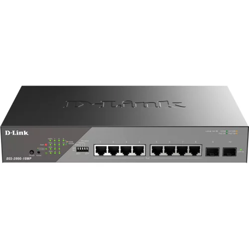 Сетевой коммутатор/ Smart L2 Surveillance Switch 8х1000Base-T PoE, 2x1000Base-X SFP, PoE Budget 130W, Long-range PoE up to 250m (DSS-200G-10MP/A1A)