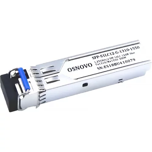 Oптический SFP модуль OSNOVO SFP-S1LC12-G-1310-1550 Оптический SFP Модуль. Одно волокно Single Mode. Скорость: до 1,25 Гбит/c. Тип разъема: LC. Оптический бюджет: 12дБ. Расстояние передачи - до 3км. Рабочая длина волны,нм