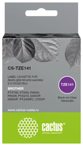 Картридж ленточный Cactus CS-TZE141 TZe-141 черный на прозрачном 18x8 для Brother PT-P700, P750W, P900W, P950W, PT-D210, D450VP, D600VP, PT-2430PC, 2700VP