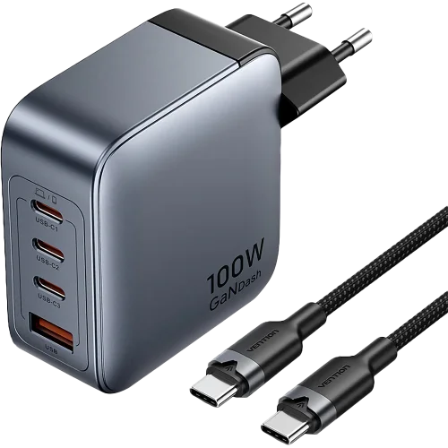 Набор Vention з/ у на 4 порта GaN 100W USB (C+C+C+A) и кабель USB-C 5А Серый (TZ-FETH0-EU)