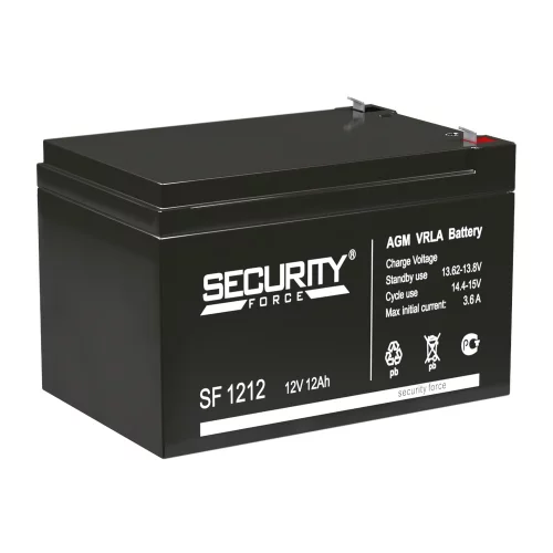 Батарея SECURITY FORCE серия SF, SF 1212, напряжение 12В, емкость 1.2Ач (разряд 20 часов), макс. ток разряда (5 сек.) 16.2А, макс. ток заряда 3.6А, свинцово-кислотная типа AGM, клеммы F2, ДxШxВ 151х98х95мм., вес кг., срок службы 3-5 лет./ Battery SECURIT