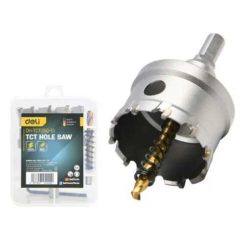Коронка по металлу твердосплавная с центрирующим сверлом Deli DH-TCT050-E1 диаметр 50мм, шестигранный хвостовик