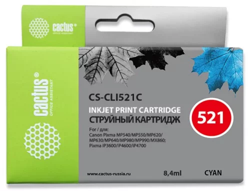 Картридж струйный Cactus CS-CLI521C голубой (9мл) для Canon MP540/MP550/MP620/MP630/MP640/MP660 с чипом