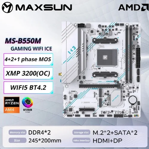 MAXSUN MS-B550M GAMING WIFI ICE (Socket AM4, mATX, 4*DDR4(64Gb), DP/HDMI, 3*SATA3, 2*M.2, 1*PCIEx16/1*PCIEx4, 4*USB2.0, 2*USB 3.0, LAN 1*1G, Bluetooth, Wi-Fi 802.11ac, RTL)