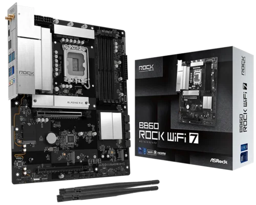 Материнская плата ASROCK B860 Rock WiFi 7, LGA1851, B860, 4*DDR5, 4*SATA, 4*M.2, 4*USB 3.2, 3*USB 2.0, Type-C, 2*PCIx16, 1*M.2 (Key E), HDMI, ATX