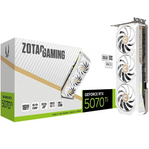 Видеокарта Zotac RTX5070Ti SOLID CORE OC WHITE ED 16GB GDD7 256bit 3xDP HDMI 3FAN PREMIUM PACK (ZT-B50710Q2-10P)