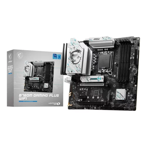 Материнская плата/ MB MSI INTEL B760 s1700, 4xDDR5(256GB), 2xHDMI 2.1/2xDP, 2xPCIe 4.0x16, 1xPCIe 3.0, 1xLAN (2.5GbE), Wi-Fi, BT, 4xSATA 6Gb/s, 2xM.2, 4xUSB 3.2, 2xUSB 2.0, 1xPS/2, mATX (B760M GAMING PLUS WIFI)