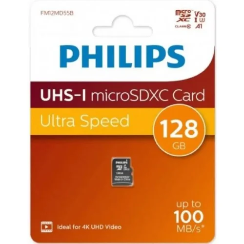 Micro SecureDigital 128GB Philips High Speed microSDHC Class UHS-I U3, V30, A1, 100MB/ s (FM12MD55B/97)
