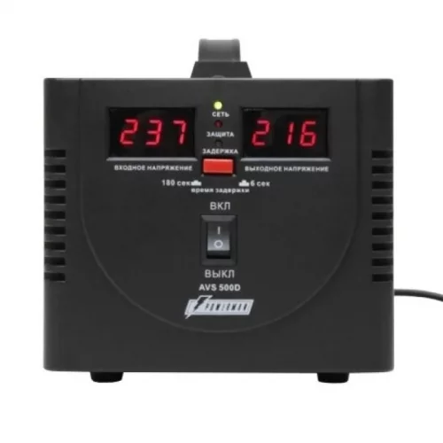 Стабилизатор POWERMAN AVS 500D, черный, ступенчатый регулятор, цифровые индикаторы уровней напряжения, 500ВА, 140-260В, максимальный вх? (POWERMAN AVS 500D BLACK)