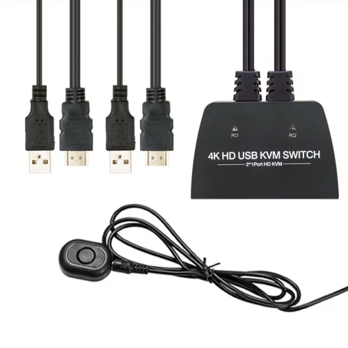 ORIENT HS21HC, HDMI KVM переключатель на 2 устройства, порты HDMI + 2xUSB (клавиатура+мышь) + 2xUSB 2.0, поддержка 4K@60Hz, встроенные кабели 2xHDMI+2xUSB2.0 1.2 метра, (33330)