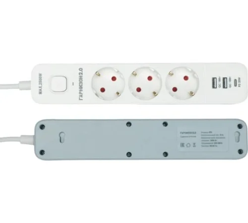 Гарнизон Сетевой фильтр EPS-3-CU2-W-2 2.0 Мультипорт 3р, 10А, 1xType-C PD, 2 х USB QC, 2м, ур.защиты 2+, белый, пак (21448) фото 3