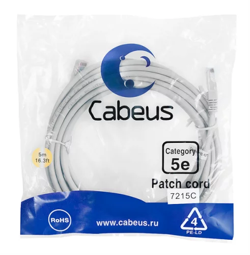 Cabeus PC-UTP-RJ45-Cat.5e-5m Патч-корд U/ UTP, категория 5е, 2xRJ45/ 8p8c, неэкранированный, серый, PVC, 5м