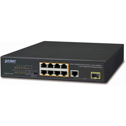 FGSD-1011HP неуправляемый PoE коммутатор/ 8-Port 10/ 100TX 802.3at PoE + 1-Port 10/ 100/ 1000T + 1-Port 100/ 1000X SFP Desktop Switch (120W PoE Budget, Standard/ VLAN/ Extend mode, 10-inch and rack-mountabl