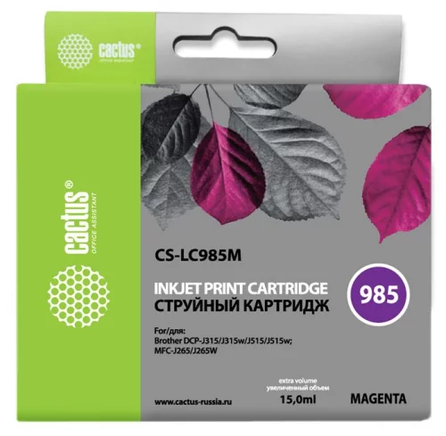Картридж струйный Cactus CS-LC985M пурпурный (15мл) для Brother DCPJ315W/DCPJ515W/MFCJ265W с чипом