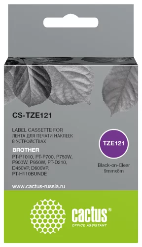 Картридж ленточный Cactus CS-TZE121 TZe-121 черный на прозрачном 9x8 для Brother PT-P1010, PT-P700, P750W, P900W, P950W, PT-D210, D450VP, D600VP, PT-H110BUNDE