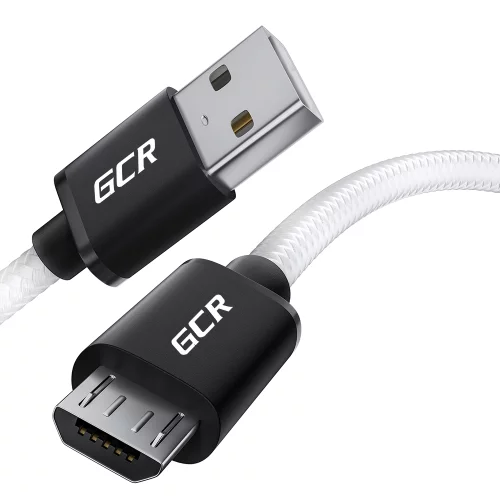 GCR Кабель 1.0m MicroUSB, быстрая зарядка, белый нейлон, черные коннекторы, GCR-55598