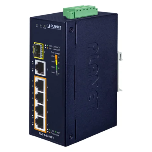 коммутатор/ PLANET IGS-614HPT IP40 Industrial 4-Port 10/100/1000T 802.3at PoE + 1-Port 10/100/1000T + 1-Port 100/1000X SFP Gigabit Ethernet Switch(-40 to 75 C, dual 12V~56V DC power boost, PoE Usage L