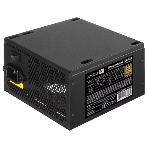 Блок питания 500W ExeGate 80 PLUS® Bronze 500PPH-S (ATX, APFC, SC, КПД 88% (80 PLUS Bronze), 12cm fan, 24pin, 2x(4+4)pin, 4xPCI-E, 6xSATA, 3xIDE, кабель 220V 1,8м с защитой от выдергивания, black, Color Box) (EX280577RUS-S)