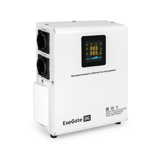 Exegate EX291749RUS Стабилизатор напряжения ExeGate Master Turbo AVS-5000 (5000ВА, 100-265В, цифр. индикация вход/вых. напряжения, 220В±8%, КПД 98%, 5 уровней защиты, задержка, усиленный метал.корпус,