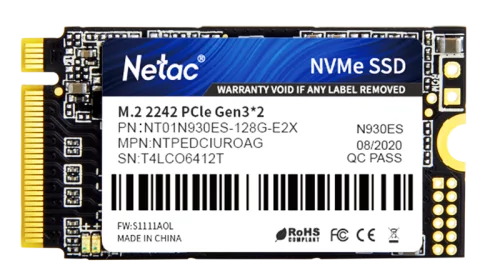 Netac SSD N930ES 128GB PCIe 3 x2 M.2 2242 NVMe 3D NAND, R/ W up to 970/ 635MB/ s, TBW 75TB, 3y wty (NT01N930ES-128G-E2X)